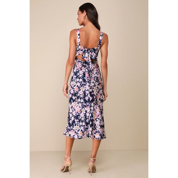 Lulus Women's Admirable Charmer Navy Blue Floral Satin Tie-Back Midi Dress S‎ - Picture 2 of 15